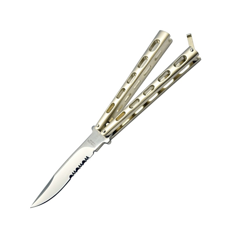 7128P ACE BUTTERFLY KNIFE SILVER SKELETONIZED HANDLE Rands Traders
