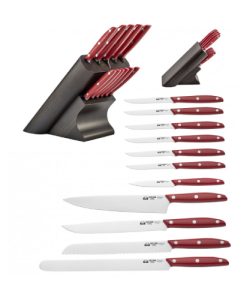 DUE CIGNI 12PCE KITCHEN KNIFE SET RED WITH WENGE WOODEN BLOCK - 2C324