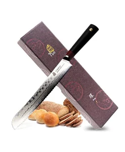 Tuo Cutlery 9 inch Bread Knife - Japanese AUS-10D Damascus Steel - Serrated Slicing Knife with Ergonomic G10 Handle - RING-D Series